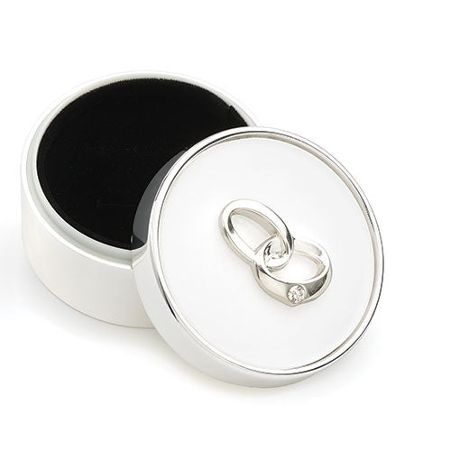 Round silver keepsake box with interlinked wedding rings design and black velvet interior, 1.75 inches wide