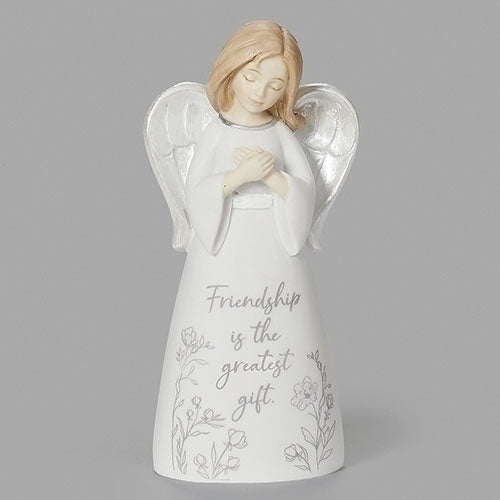 4.5" angel figurine with silver wings, hands crossed on chest, and "Friendship is the greatest gift" script with floral accents