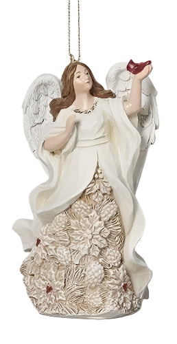 4.75" angel ornament with poinsettia-patterned gown holding a red cardinal, with white wings and flowing hair