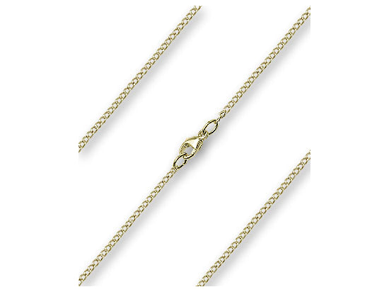 16-inch gold-plated curb chain with 1.7mm thickness and lobster claw clasp on white background