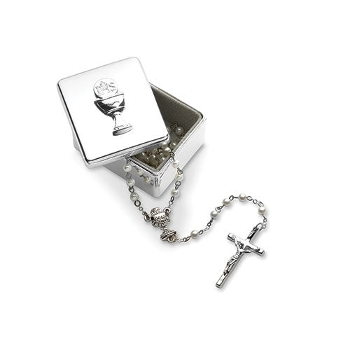 2.25" silver First Communion keepsake box with raised cross and chalice, holding a rosary with white beads and crucifix