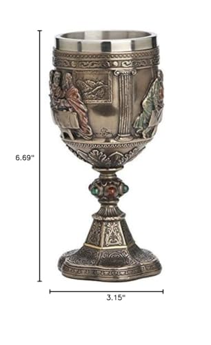 6 3/4" Last Supper chalice cup with antique bronze finish, detailed biblical scene, and ornate base with colored accents