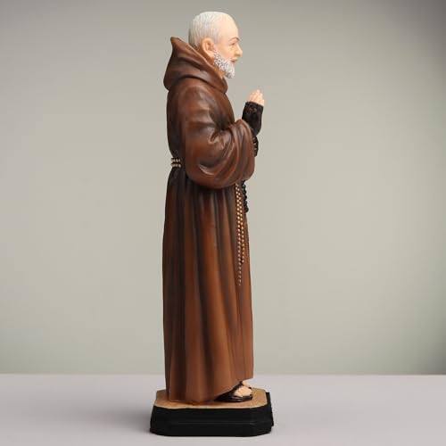 6 1/4" hand-painted St. Padre Pio polyresin statue in brown robe holding rosary beads on black base