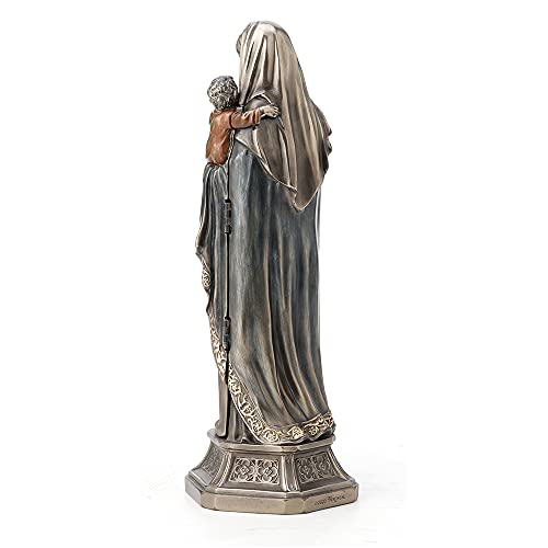 7 3/4" Madonna and Child triptych statue in bronzed resin with detailed robes and ornate base design shown from back view