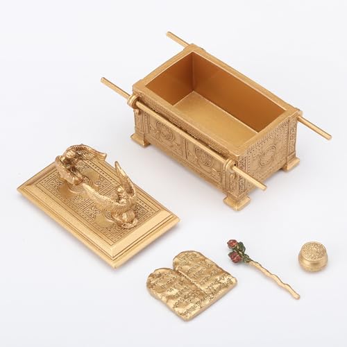 4 3/4" resin Ark of the Covenant trinket box with hand-painted gold finish and detailed sacred objects inside
