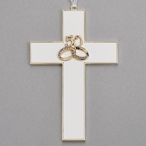White wall cross with gold trim featuring intertwined gold rings and "50" crystals, 7.25 inches tall anniversary design