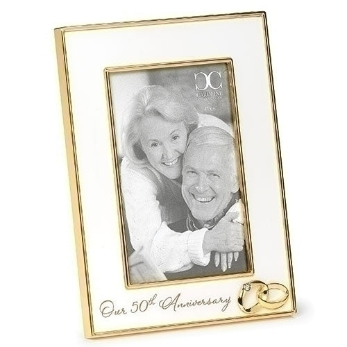 50th Wedding Anniversary photo frame with white and gold trim, featuring intertwined rings and "Our 50th Anniversary" text