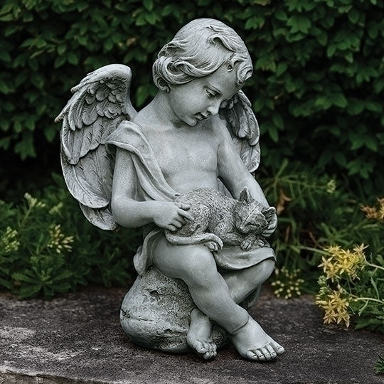 Cherub angel garden statue 12 inches tall, holding a sleeping kitten in lap with detailed wings and serene expression.