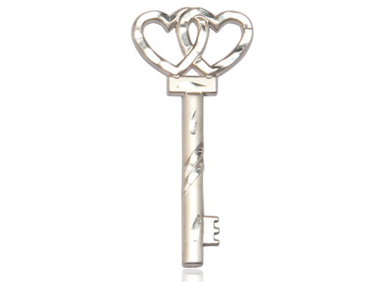Sterling Silver Small Key with Double Heart Pendant on an 18-Inch Sterling Silver Light Curb Chain