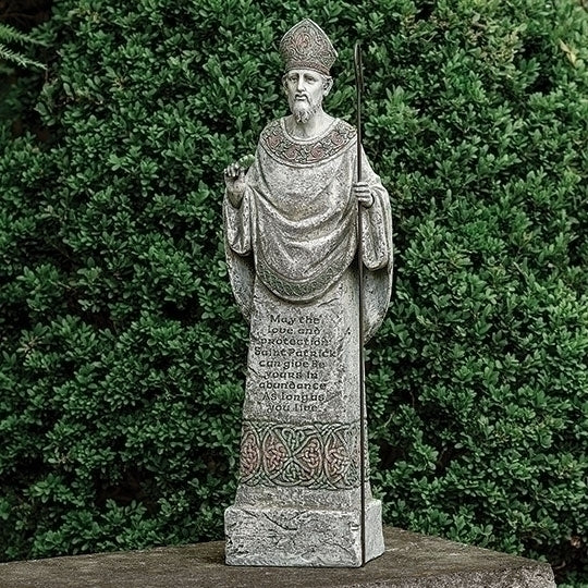 26.5-inch St. Patrick garden statue with detailed robes, Celtic patterns, and blessing inscription for outdoor display.