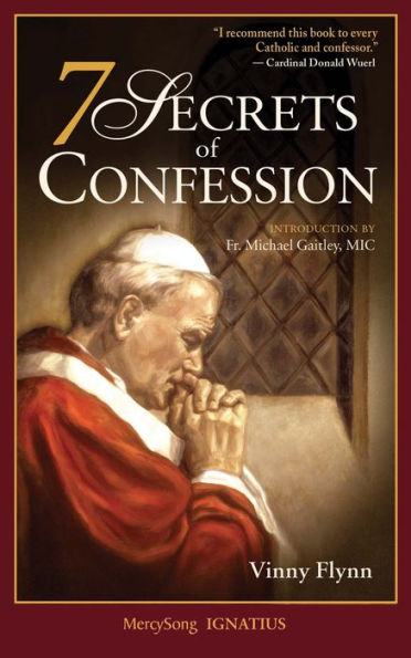 7 Secrets of Confession book cover showing praying pope in red robes with window background and author Vinny Flynn name