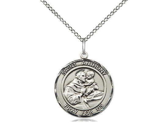 Sterling silver St. Anthony pendant with detailed relief on 24-inch light rhodium heavy curb chain, 1-inch size.