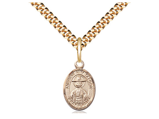 Colgante de ST Andrew Kim Taegon relleno de oro de 14kt en una cadena de acera pesada de placa de oro de 24 pulgadas.