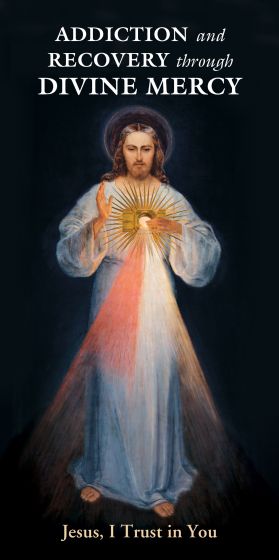 Pamphlet cover showing Jesus with radiant heart and flowing light beams titled Addiction and Recovery through Divine Mercy