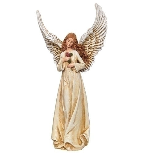 10.5" angel figurine holding a rose with flowing gown and detailed wings, symbolizing peace and grace for home decor