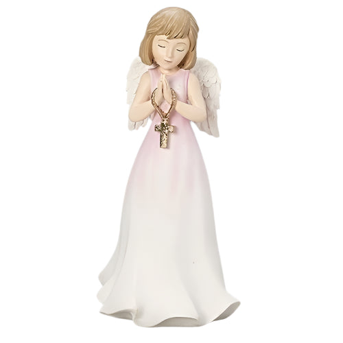 6.5" angel figurine with white wings, pink and white gown, praying with rosary and cross pendant in hands