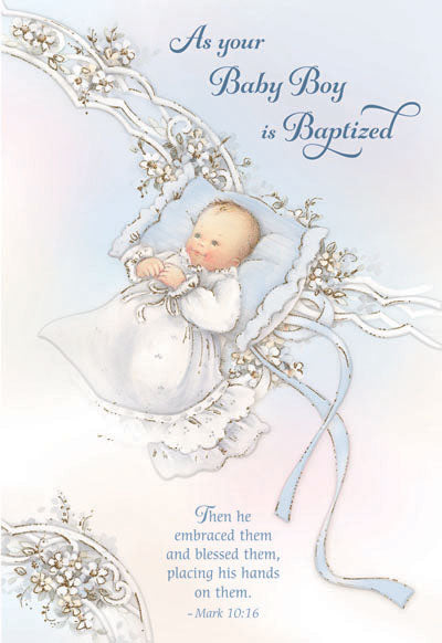 Greeting card for baby boy’s baptism with delicate floral design and Bible verse from Mark 10:16 in soft blue tones
