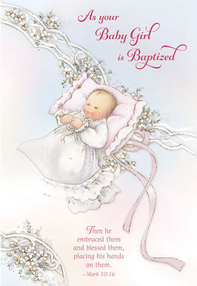 4 5/8" x 6 3/4" baptism greeting card with baby girl illustration, pink ribbon, gold foil, and embossed blessings text