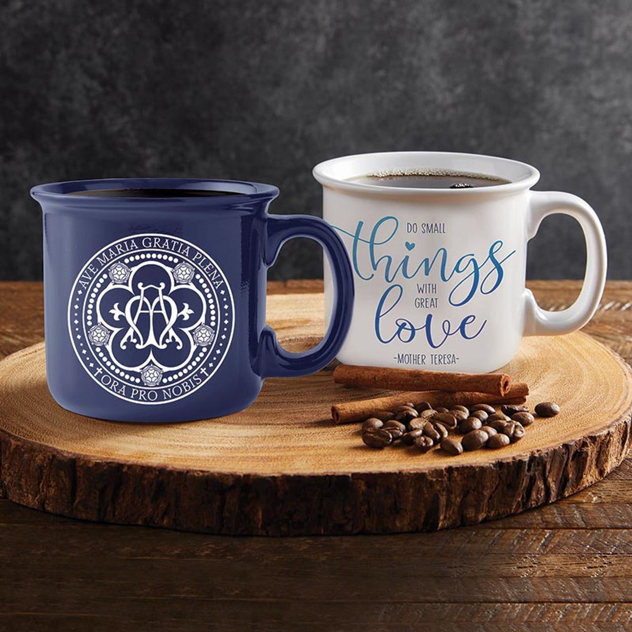 Ave Maria Gift Mug set with navy blue Marian emblem mug and white inspirational quote mug on wooden slice
