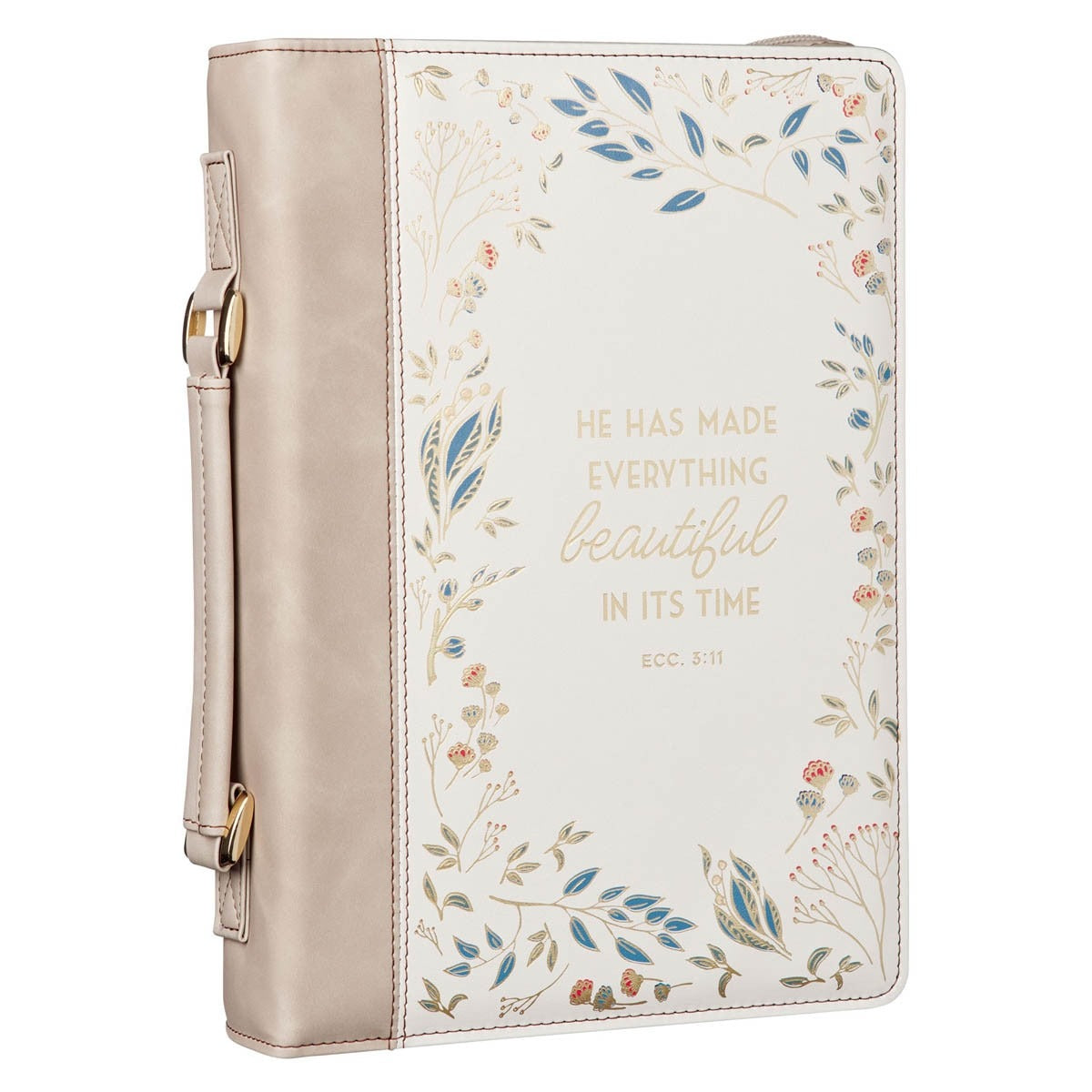 Large taupe faux leather Bible cover with floral border and gold verse from Ecclesiastes on cream front panel