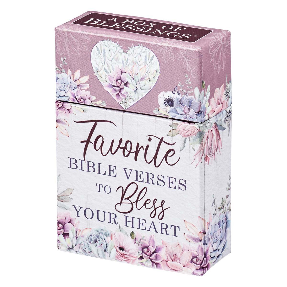 Box of cards titled Favorite Bible Verses to Bless Your Heart with floral design and heart on pink and white background