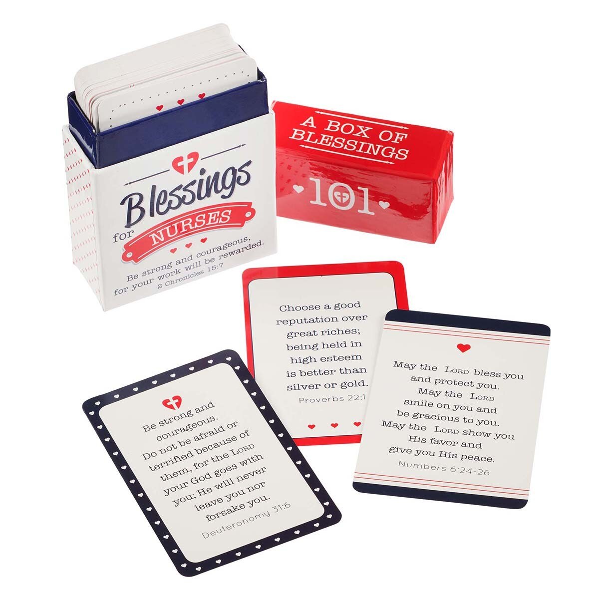 101 Blessings for Nurses box with scripture cards featuring Bible verses and encouraging messages for nurses