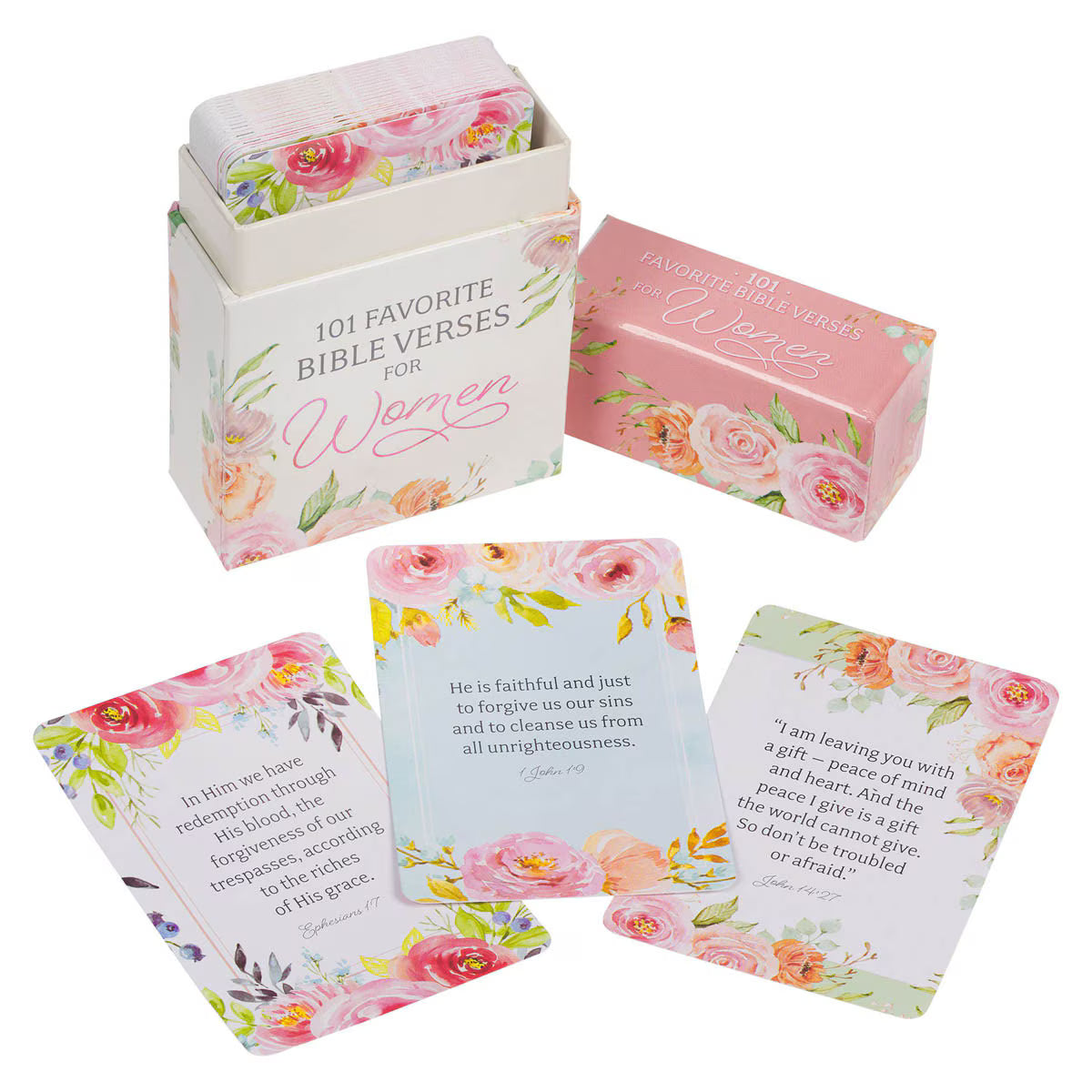 Box set of 101 favorite Bible verses for women with pink floral designs on cards and box titled Box of Blessings
