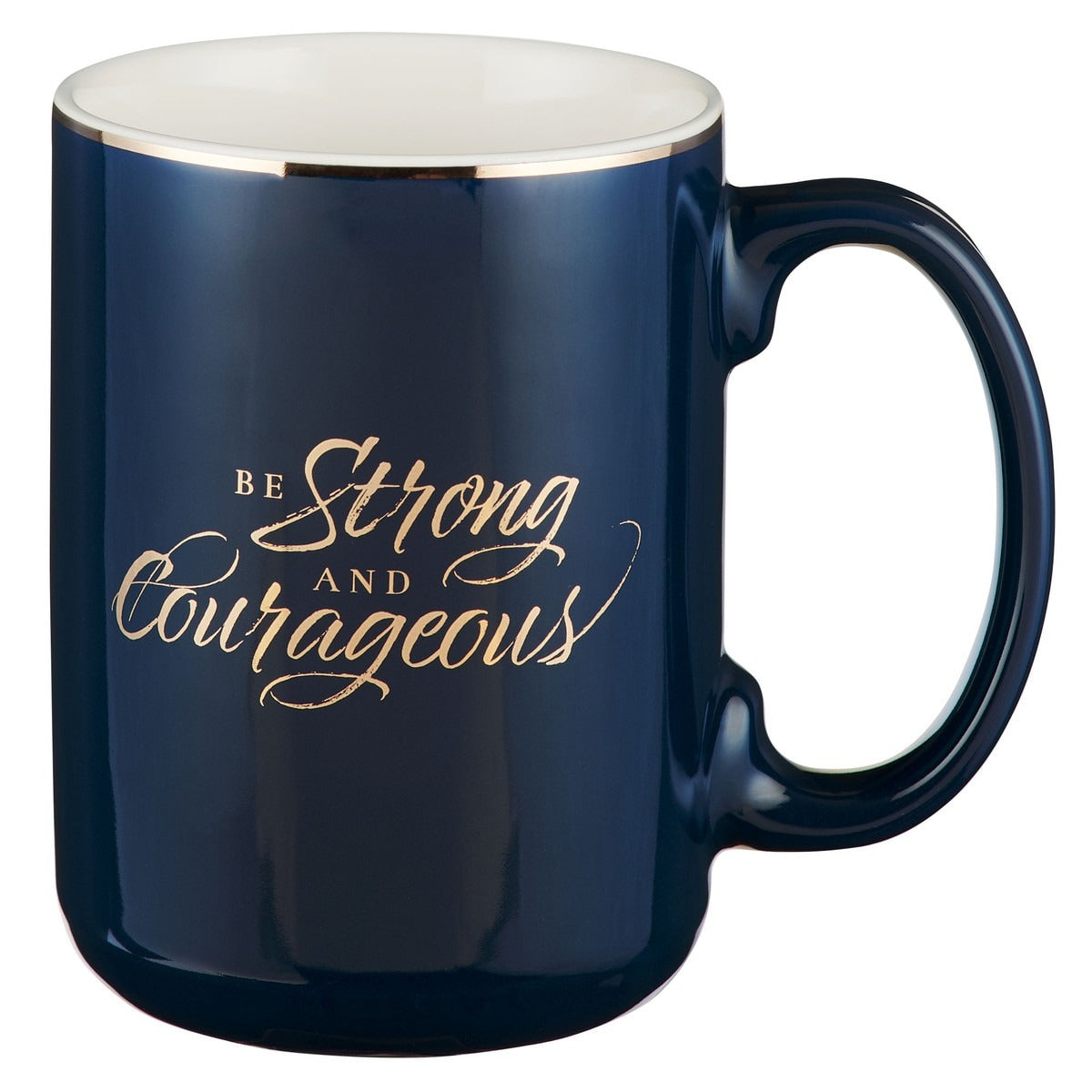 Navy ceramic coffee mug with gold "Be Strong and Courageous" script, large size and glossy finish, Joshua 1:9 design