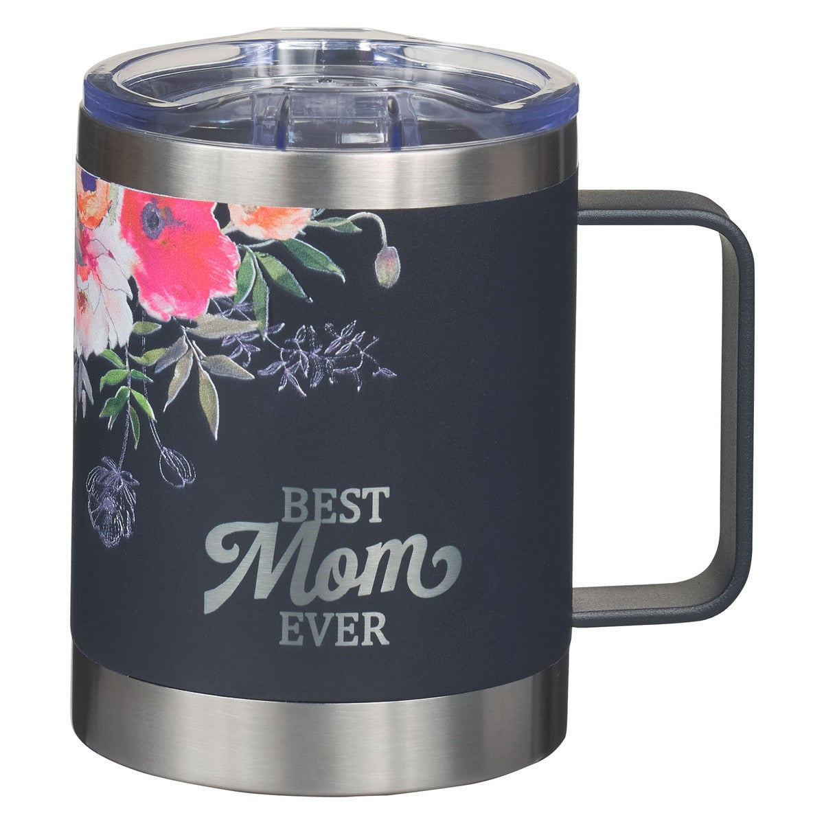Navy stainless steel travel tumbler with floral design and "Best Mom Ever" text in camp style with clear lid and handle