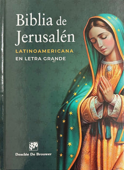 Cover of the Biblia de Jerusalén Latinoamericana with large print featuring a praying Virgin Mary illustration.