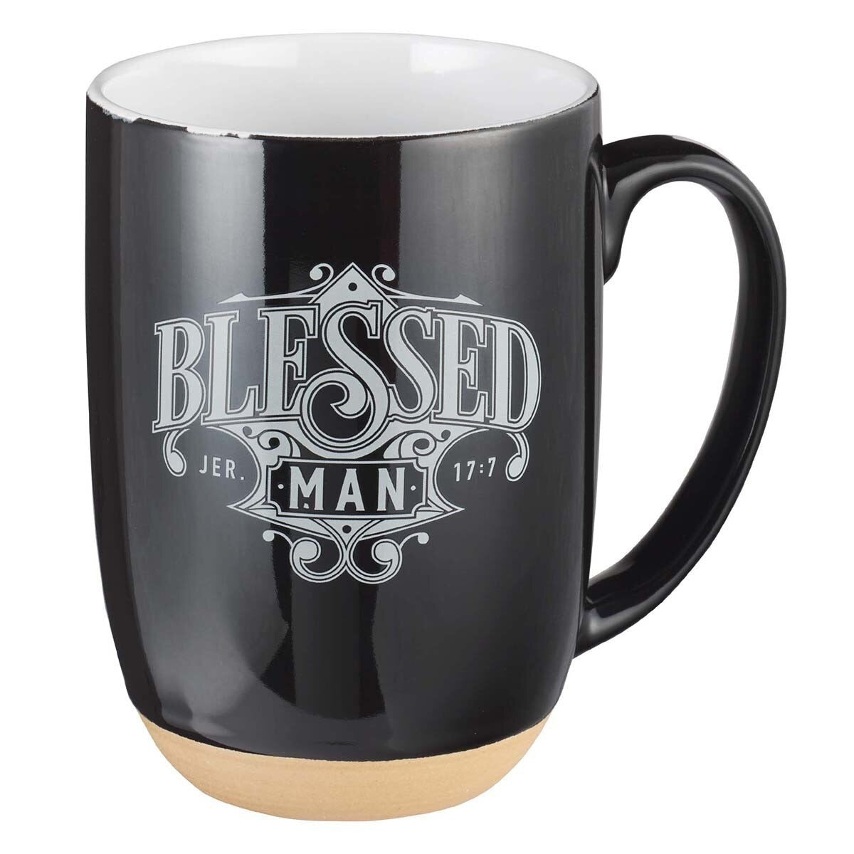 Black ceramic coffee mug with dipped clay base and "Blessed Man Jer. 17:7" white script design