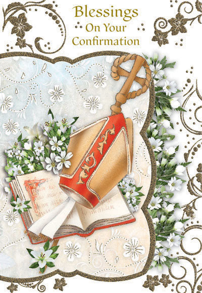 Confirmation greeting card with gold foil, embossed design, floral accents, and open Bible illustration