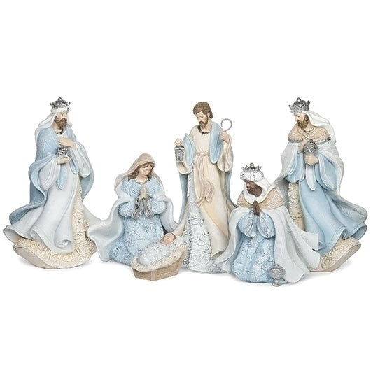Six-piece nativity set with resin figures in blue and ivory robes featuring leaf patterns and silver accents