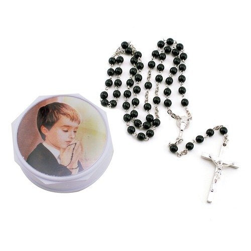 Boys Communion Box with black rosary beads and silver crucifix, featuring a prayerful boy image on the keepsake box lid