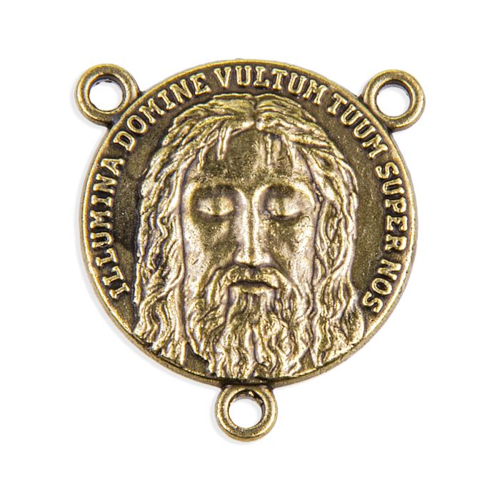 3/4" bronze Holy Face Rosary centerpiece with detailed engraved face and Latin inscription around edge