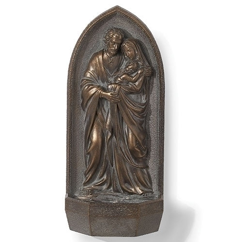 Bronze style Holy Water Font featuring Holy Family relief with Jesus, Mary, and Joseph, 7.75 inches tall devotional accent