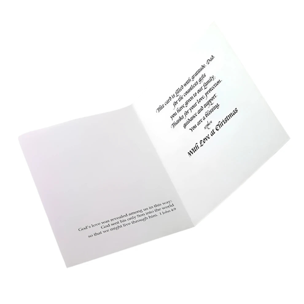 Open Christmas card for dad with warm appreciation text for ministry and service, simple white background and black script text