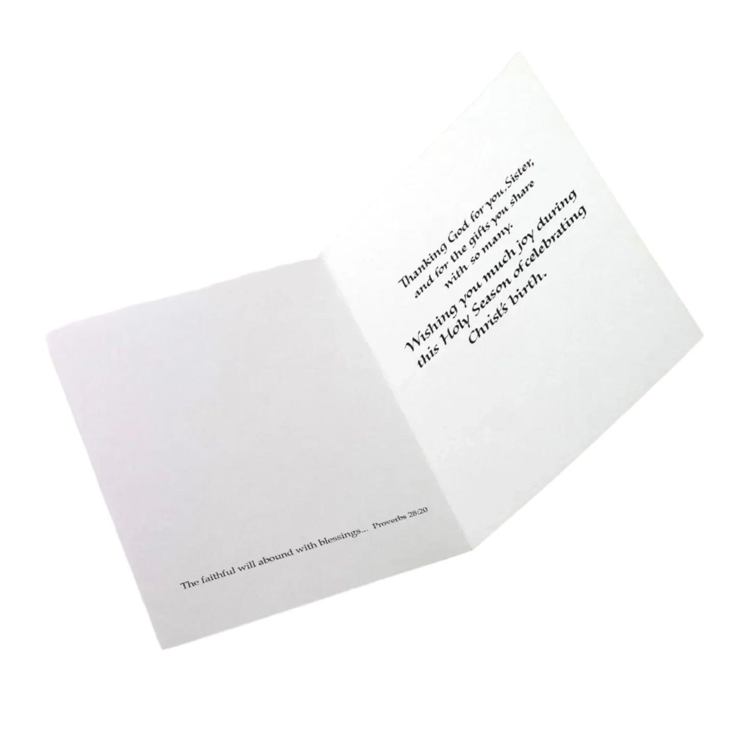 Inside view of religious Christmas card for sisters with gratitude message and Proverbs 28:20 Scripture verse