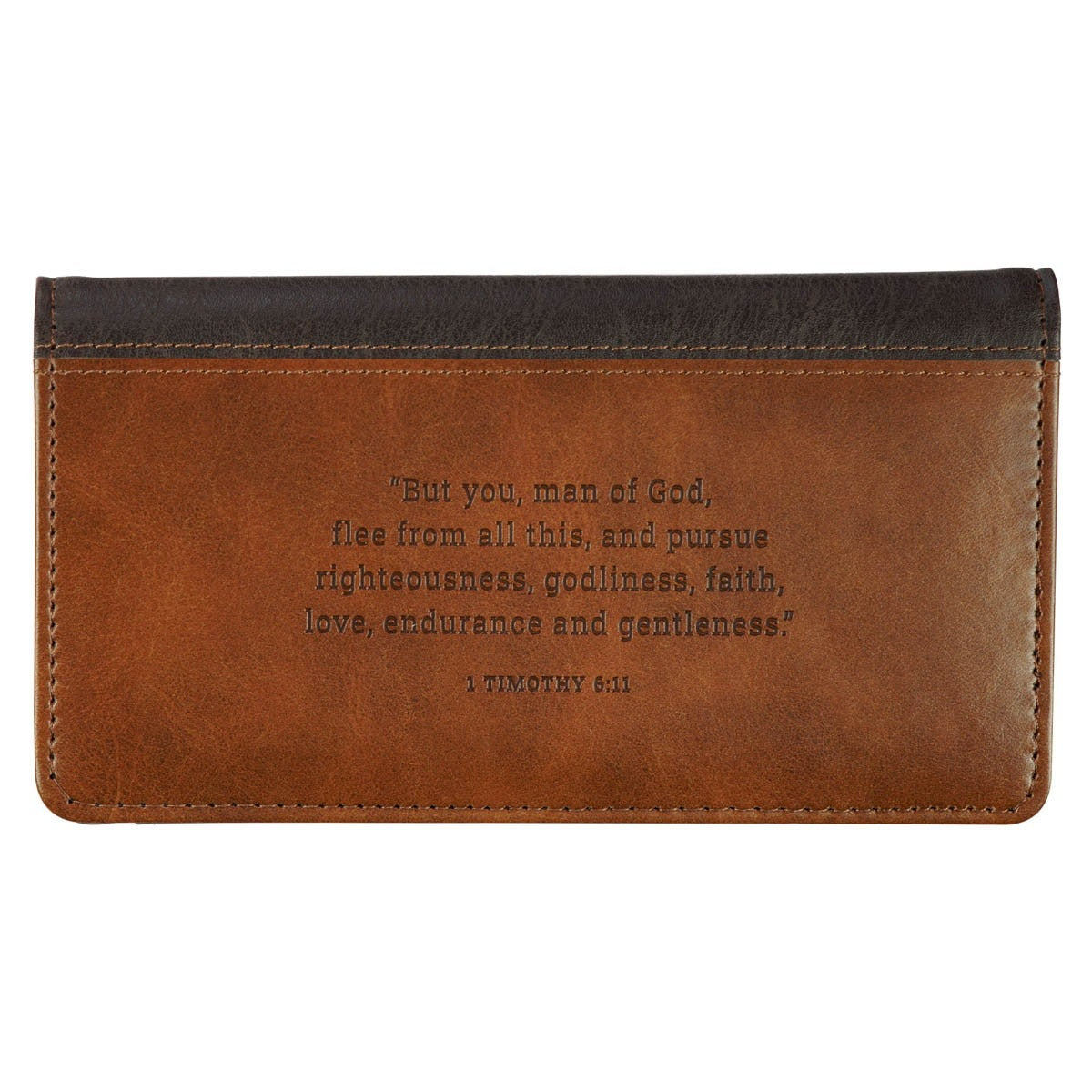 Honey-brown and espresso faux leather checkbook wallet with 1 Timothy 6:11 scripture engraved on front panel