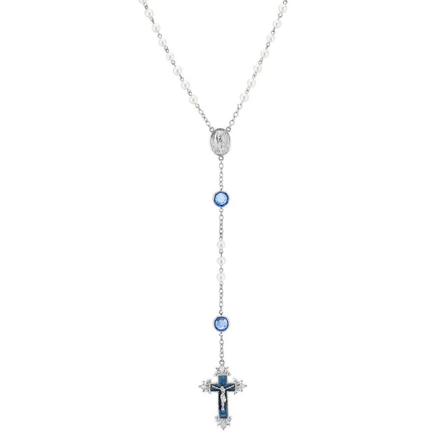 Channel crystal rosary with faux pearl beads, blue hand enamel cross, and silver-tone chain links design