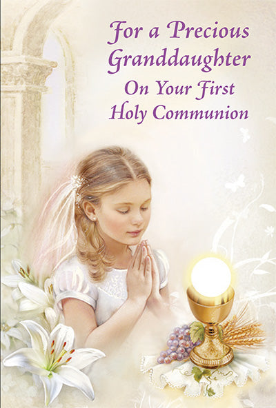 4 5/8" x 6 3/4" First Holy Communion card with praying girl, gold chalice, lilies, and purple text for granddaughter