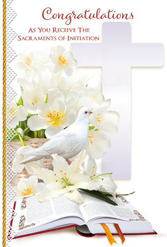 Congratulations card for Sacraments of Initiation with white dove, lilies, open Bible, and embossed cross design