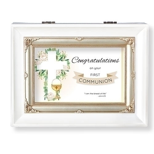 White First Communion keepsake box with floral cross, chalice illustration, and "Congratulations on your First Communion" text