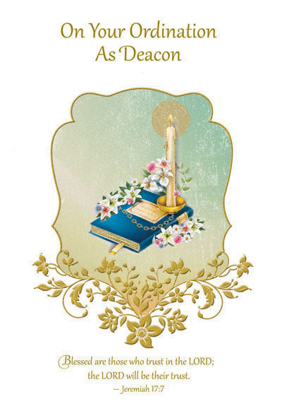 4 5/8" x 6 3/4" Ordination card with gold foil, embossed candle, Bible, flowers, and scripture from Jeremiah 17:7