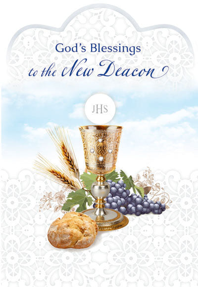 4 5/8" x 6 3/4" ordination card with embossed design, pearl foil, chalice, bread, grapes, and wheat illustration