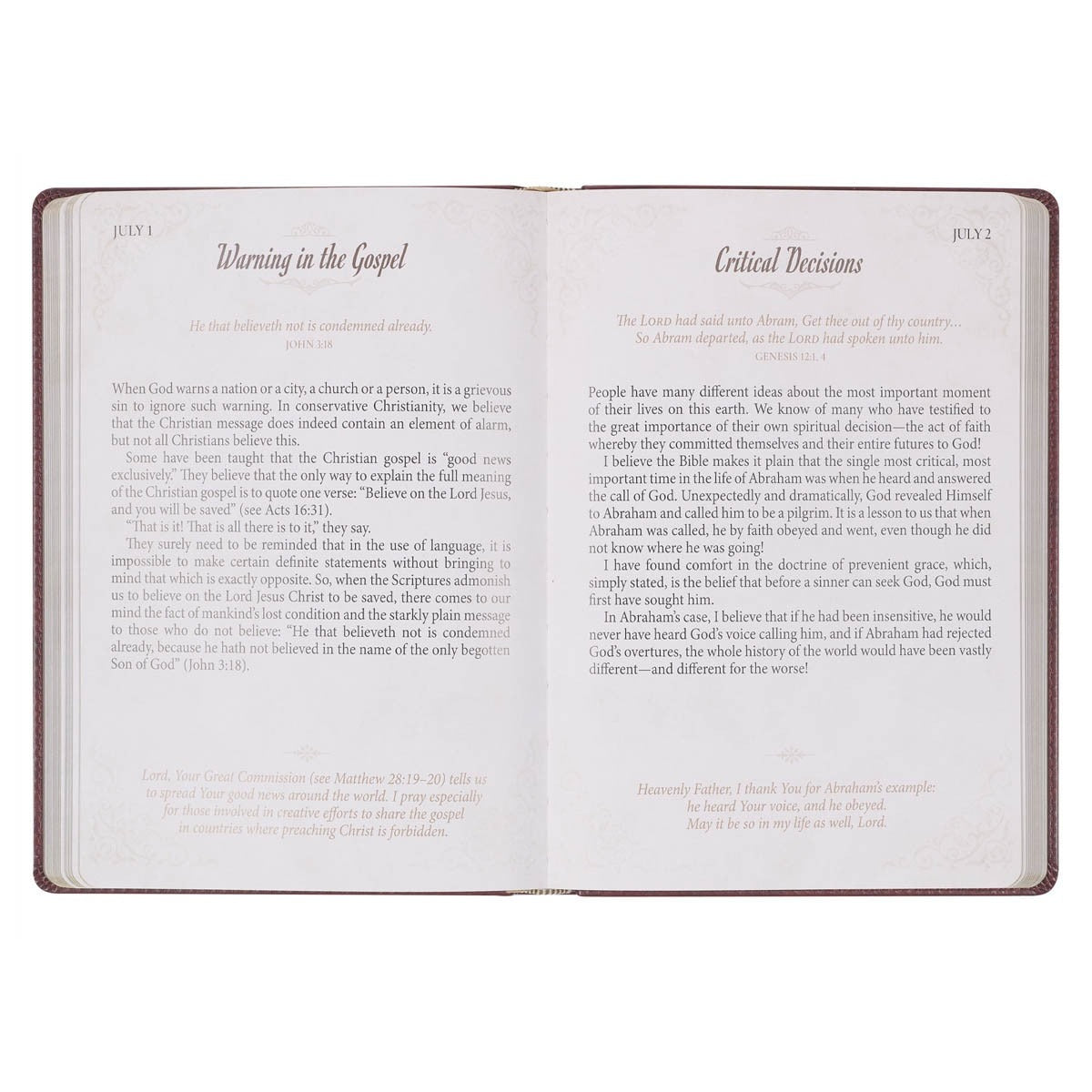 8 1/2" x 11" Pursuing God devotional book with large print, saddle tan faux leather cover and open daily reading pages