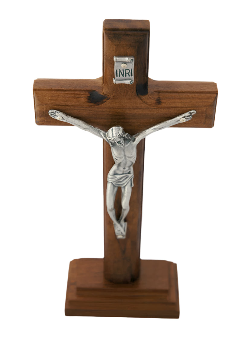 Brazilian wood wall crucifix with detailed silver corpus and removable stand for tabletop or wall display