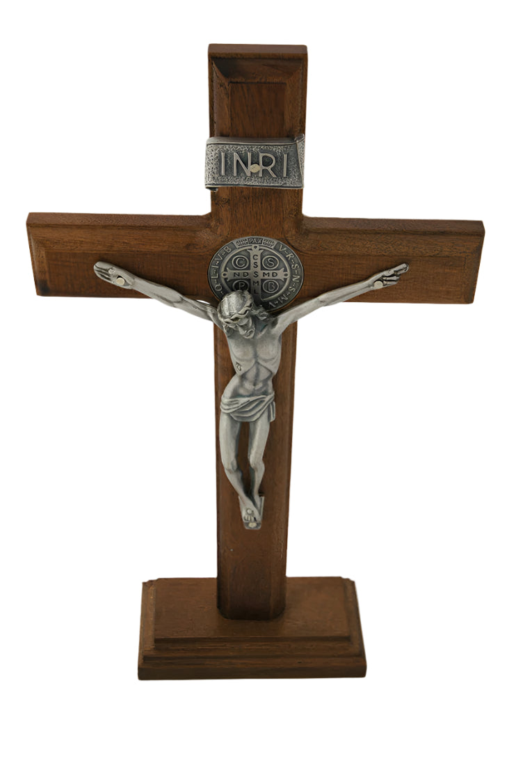 Brazilian wood wall crucifix with silver corpus, St. Benedict medal center, and removable base stand for display