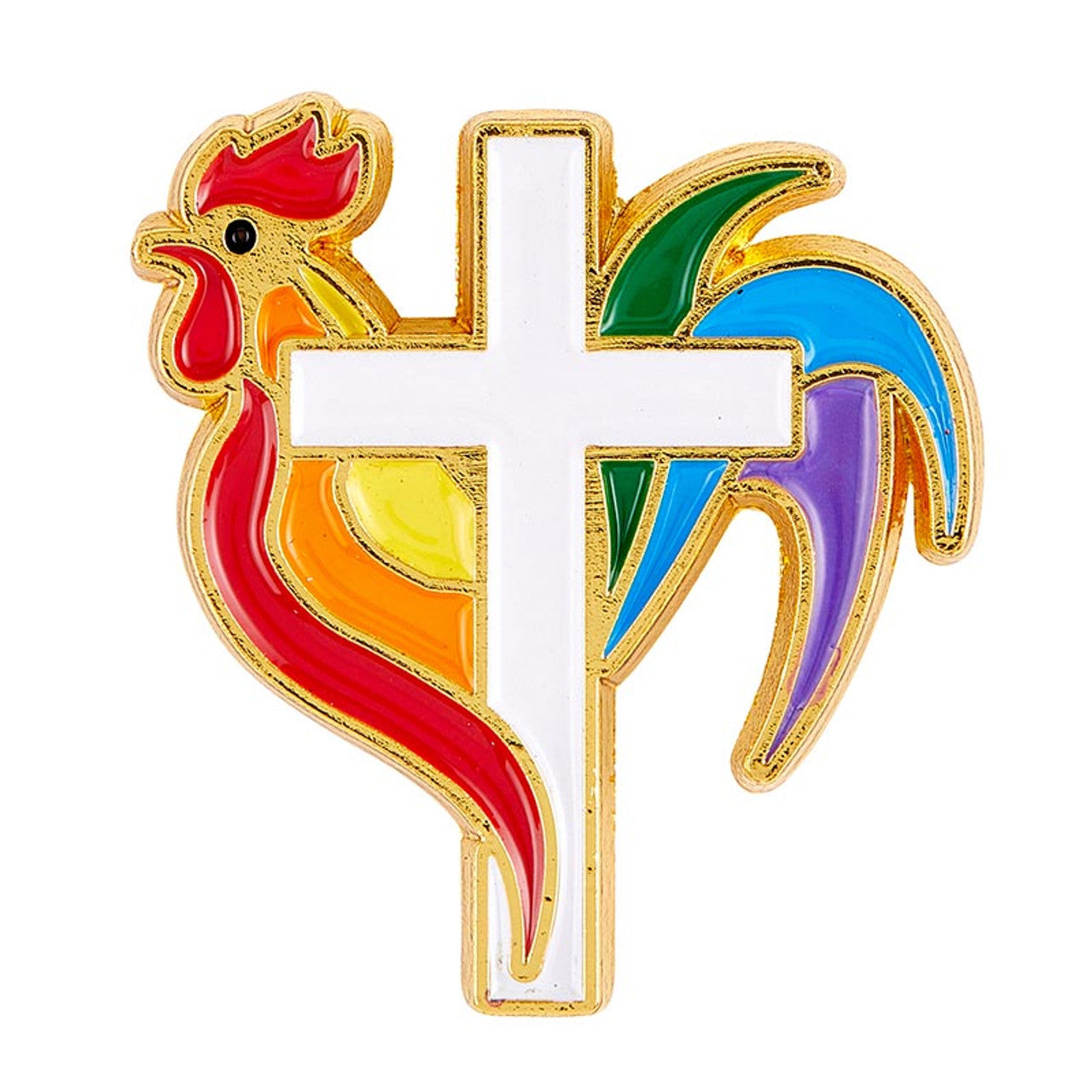 DeColores rooster cross lapel pin with vibrant red, orange, yellow, green, blue, and purple enamel accents and gold trim