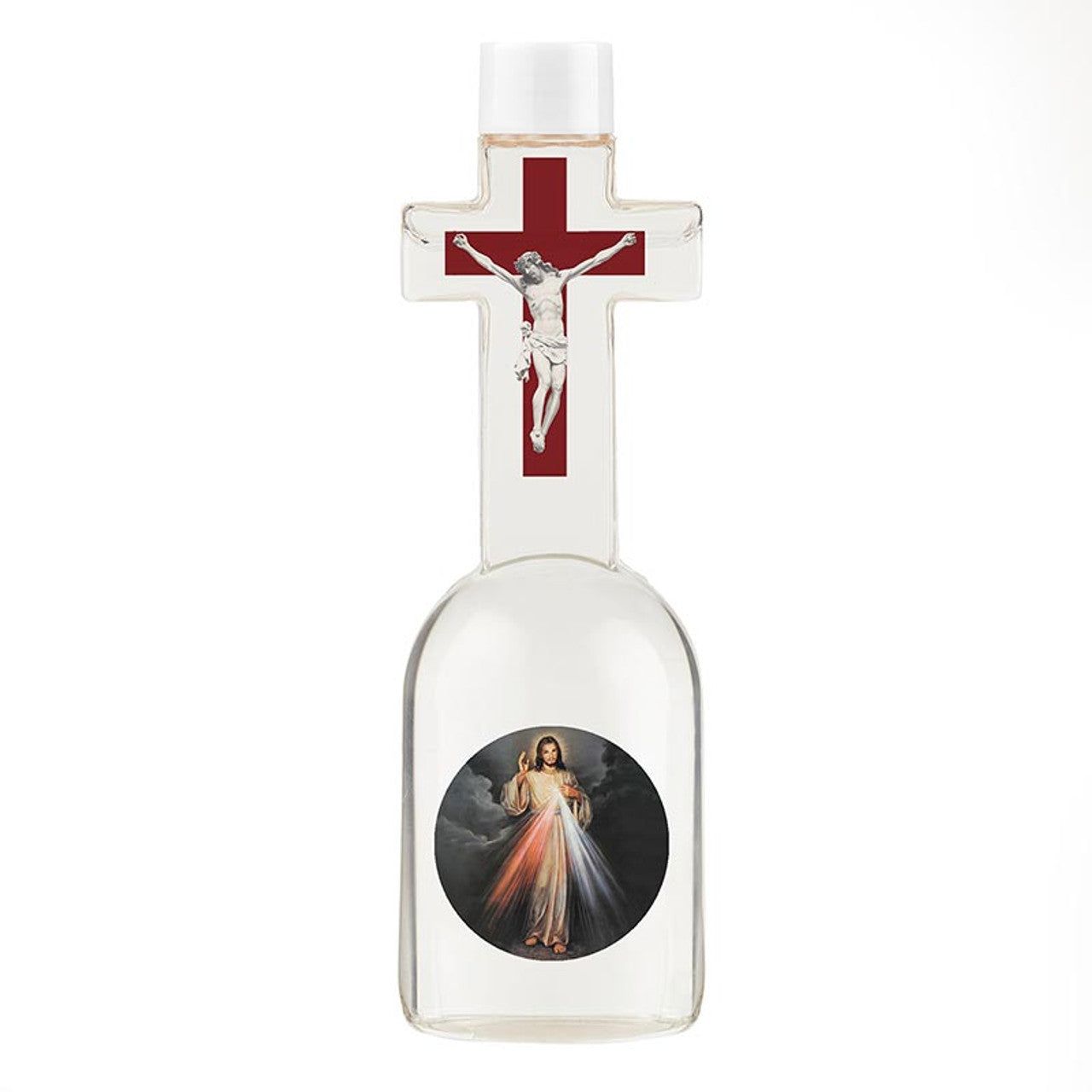 6 oz plastic holy water bottle shaped like a cross featuring Divine Mercy image and red cross with crucifix design
